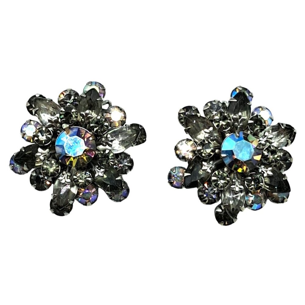 Vintage Rhinestone Earrings Fleur de Lis Aurora Borealis Gray Clear Clip Ons Cos